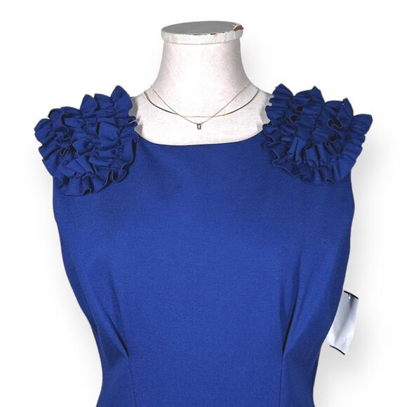 New $248 TRINA TURK Rosette Ruffle Blue Dress Pleated Sheath Career Wedding 10 - Picture 2 of 11